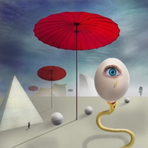 surrealistic photot with an egg and umbrellas